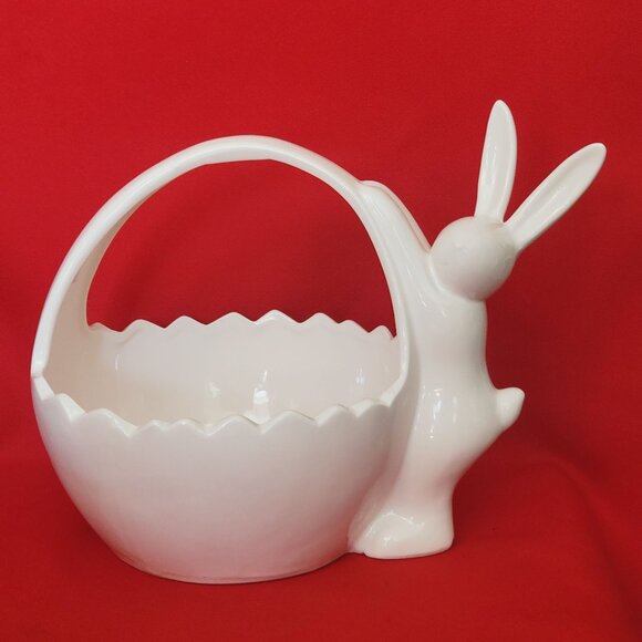 Connections White Ceramic Basket With Bunny Rabbit Easter Figurine Decor